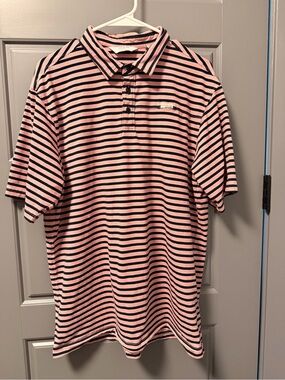 oobe Men's Pink and Navy Striped Polo Shirt LARGE